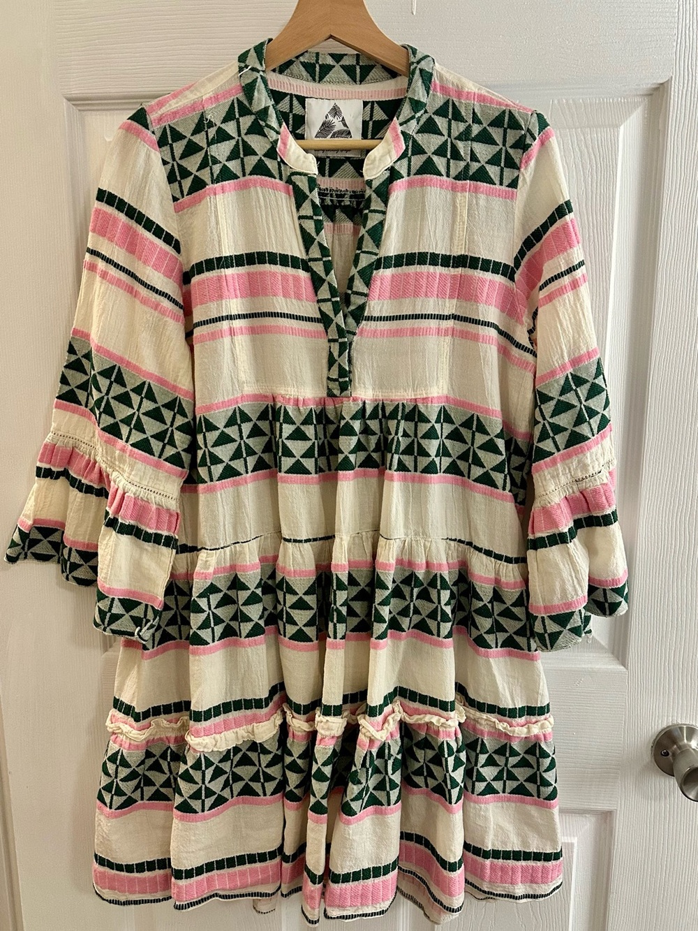 Boho Pearl & Caviar Tiered Tunic Dress Pink & Forest Green Cottage Style - Picture 5 of 5